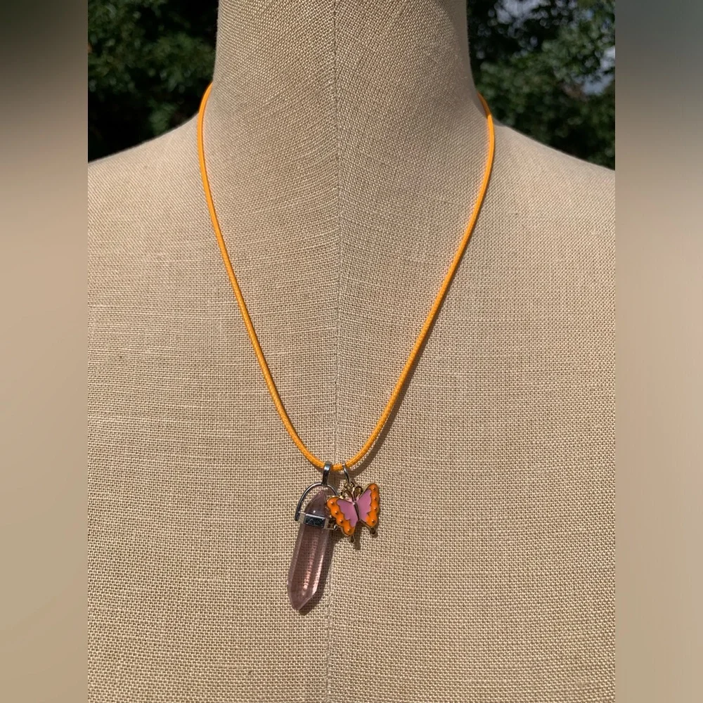 Handmade Dagger Light Pink Resin Crystal Amulet Necklace & Butterfly Charm - Picture 8 of 9